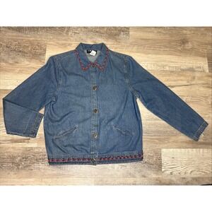 Vintage Sag Harbor Sport Beaded Blue Jean Trucker Jacket Button Down Shirt Small